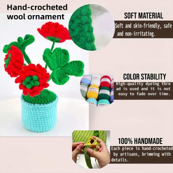 Beautiful and noble red hand-crocheted flowers, hand-crocheted flowerpots, knitted flower plants, Kawaii hand-crocheted flowers, small potted artificial flower plants, desktop home car dashboard decoration