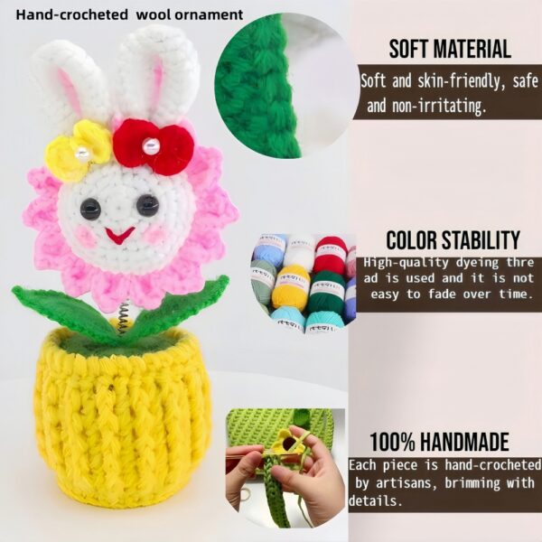 Beautiful little white rabbit hand-crocheted desktop ornament, smiling little rabbit home decoration, small potted artificial flower plant, desktop home car dashboard decoration