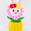 Beautiful little white rabbit hand-crocheted desktop ornament, smiling little rabbit home decoration, small potted artificial flower plant, desktop home car dashboard decoration