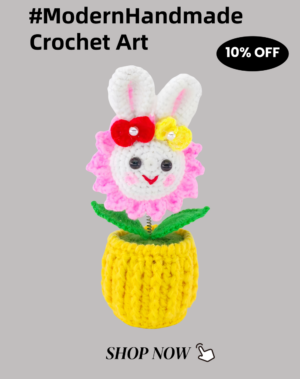 Beautiful little white rabbit hand-crocheted desktop ornament, smiling little rabbit home decoration, small potted artificial flower plant, desktop home car dashboard decoration