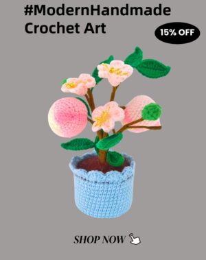Crocheted peach bouquet strap, 7-inch (about 17.8 cm), knitted artificial pink hand-woven flower strap, exquisite flowerpot, suitable for women's birthday gifts, home office decoration (pink)