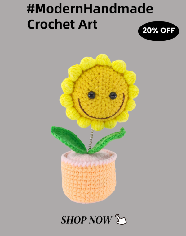 Sunflower shaking head knitted ornament, pink flowerpot knitted crochet, sunflower potted plant, sunflower is a handmade flower suitable for friends, students, family and loved ones, home office decoration, car decoration.