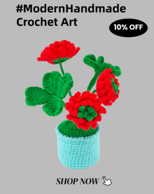 Beautiful and noble red hand-crocheted flowers, hand-crocheted flowerpots, knitted flower plants, Kawaii hand-crocheted flowers, small potted artificial flower plants, desktop home car dashboard decoration