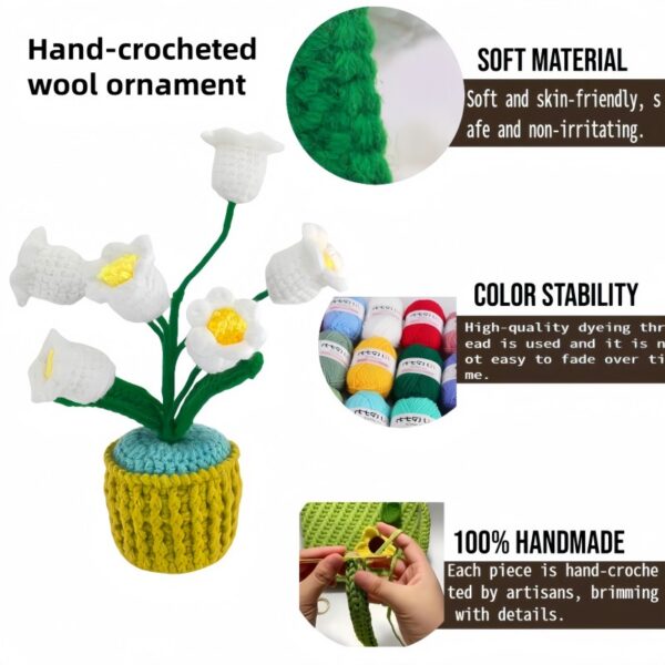 6 White Lily of the Valley Flowers Wool Handmade Desktop Ornaments, Cute Hand-crocheted White Lily of the Valley Flower Pot (Emotional Support Plant), Gift for Family/Friends/Teachers