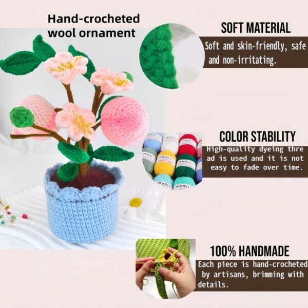 Crocheted peach bouquet strap, 7-inch (about 17.8 cm), knitted artificial pink hand-woven flower strap, exquisite flowerpot, suitable for women's birthday gifts, home office decoration (pink)