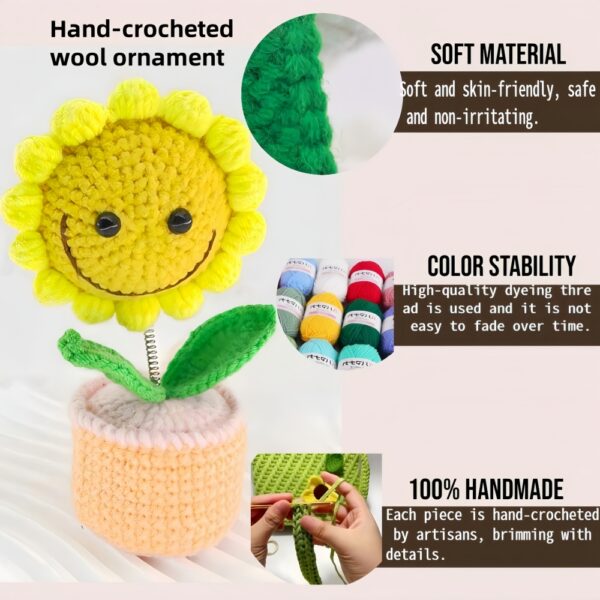 Sunflower shaking head knitted ornament, pink flowerpot knitted crochet, sunflower potted plant, sunflower is a handmade flower suitable for friends, students, family and loved ones, home office decoration, car decoration.
