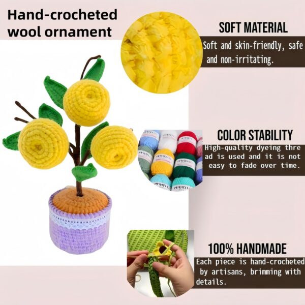 Yellow peach hand-crocheted flower desktop ornament, high-end home hand-knitted wool decoration, gift for family and friends, home wedding desk and coffee shop decoration