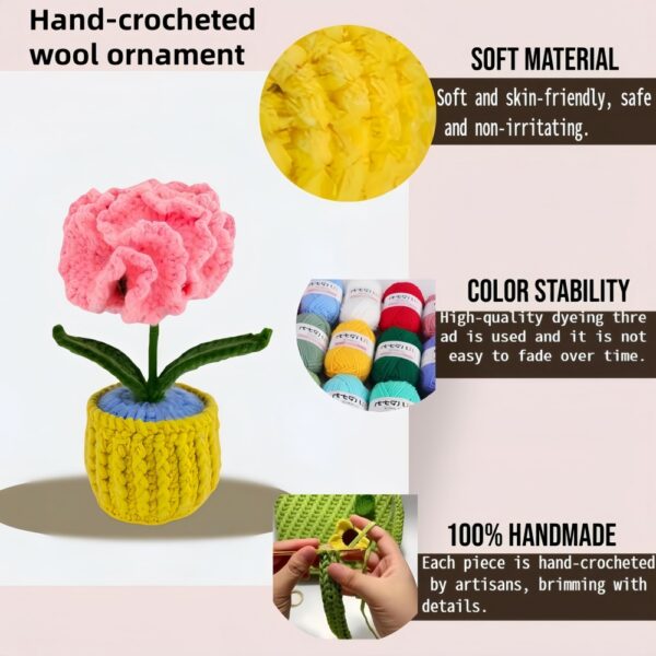 Pink Carnation Unique crochet flower plants Potted Creative Office Desktop Knitted Handmade Wool Yarn Finished Products Car Room Decoration