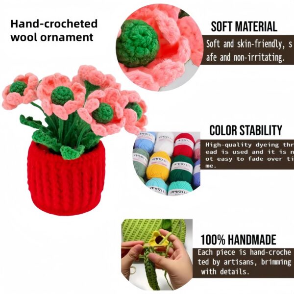 Hot sale 6 pink handmade wool crochet flower pots desktop ornaments fashionable home decorations crochet flower pots, handmade crochet flower plants, high-end desktop decorations, noble crochet flower pots, crochet gifts for plant lovers