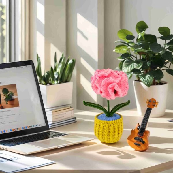 Pink Carnation Unique crochet flower plants Potted Creative Office Desktop Knitted Handmade Wool Yarn Finished Products Car Room Decoration
