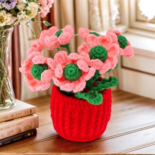 Hot sale 6 pink handmade wool crochet flower pots desktop ornaments fashionable home decorations crochet flower pots, handmade crochet flower plants, high-end desktop decorations, noble crochet flower pots, crochet gifts for plant lovers