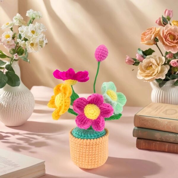 Crochet flowers, small potted knitted flowers suitable for car instrument panels, cute car crochet center console decoration, handcrafted traditional home decoration (pink and red)