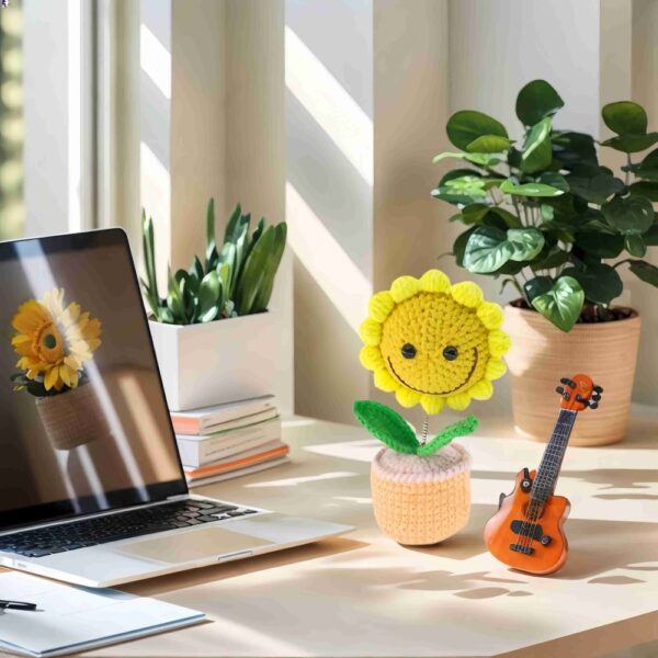 Sunflower shaking head knitted ornament, pink flowerpot knitted crochet, sunflower potted plant, sunflower is a handmade flower suitable for friends, students, family and loved ones, home office decoration, car decoration.
