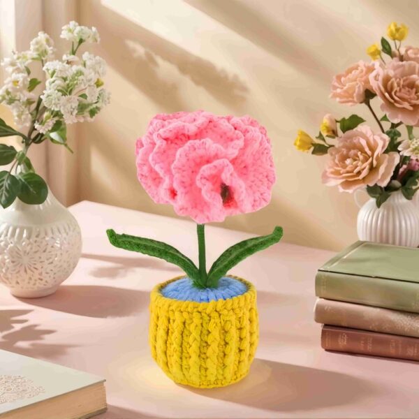 Pink Carnation Unique crochet flower plants Potted Creative Office Desktop Knitted Handmade Wool Yarn Finished Products Car Room Decoration