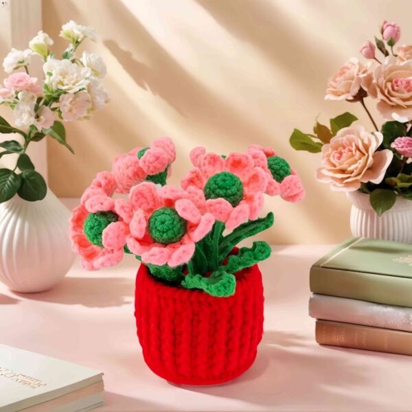 Hot sale 6 pink handmade wool crochet flower pots desktop ornaments fashionable home decorations crochet flower pots, handmade crochet flower plants, high-end desktop decorations, noble crochet flower pots, crochet gifts for plant lovers