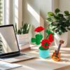 Beautiful and noble red hand-crocheted flowers, hand-crocheted flowerpots, knitted flower plants, Kawaii hand-crocheted flowers, small potted artificial flower plants, desktop home car dashboard decoration