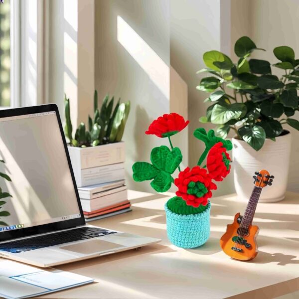 Beautiful and noble red hand-crocheted flowers, hand-crocheted flowerpots, knitted flower plants, Kawaii hand-crocheted flowers, small potted artificial flower plants, desktop home car dashboard decoration