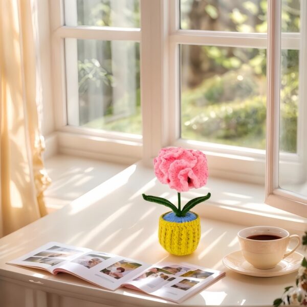 Pink Carnation Unique crochet flower plants Potted Creative Office Desktop Knitted Handmade Wool Yarn Finished Products Car Room Decoration