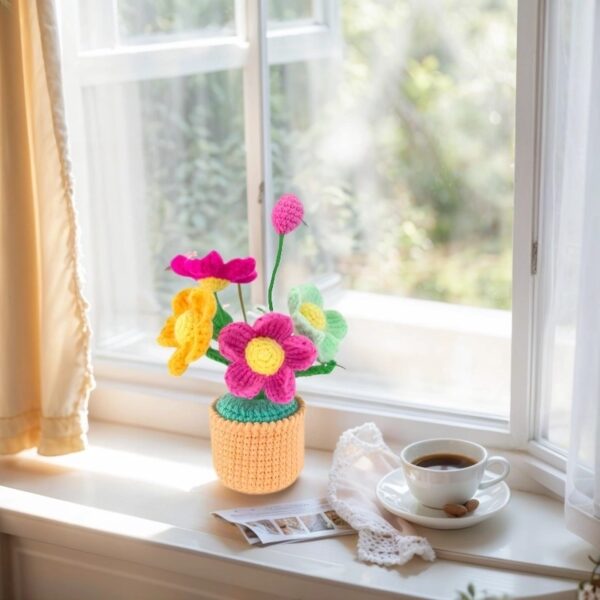Crochet flowers, small potted knitted flowers suitable for car instrument panels, cute car crochet center console decoration, handcrafted traditional home decoration (pink and red)