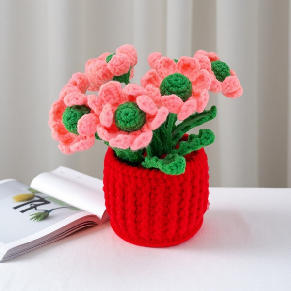Hot sale 6 pink handmade wool crochet flower pots desktop ornaments fashionable home decorations crochet flower pots, handmade crochet flower plants, high-end desktop decorations, noble crochet flower pots, crochet gifts for plant lovers