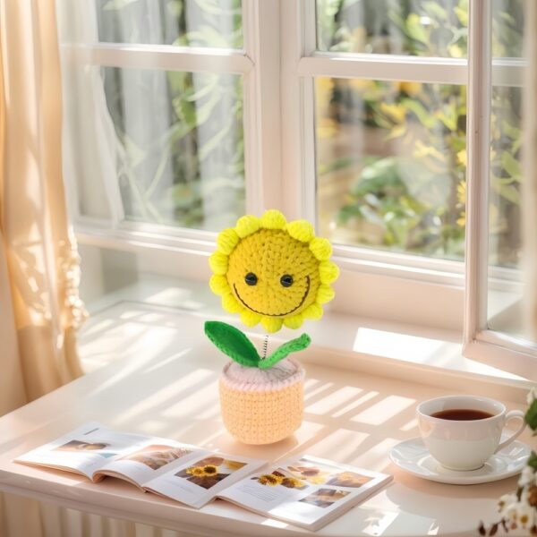 Sunflower shaking head knitted ornament, pink flowerpot knitted crochet, sunflower potted plant, sunflower is a handmade flower suitable for friends, students, family and loved ones, home office decoration, car decoration.