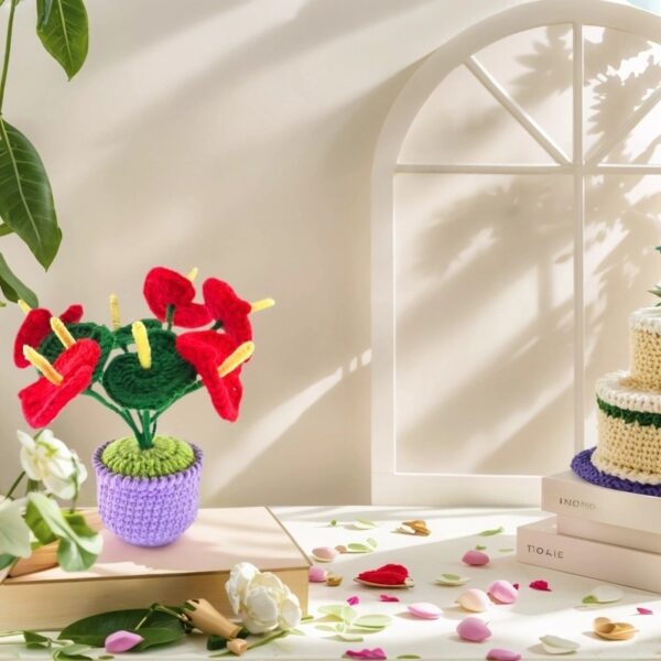 8 red wool flowers home desktop ornaments handmade crochet decoration wool crafts handmade crochet wool potted simulation plants computer desktop ornaments holiday gifts