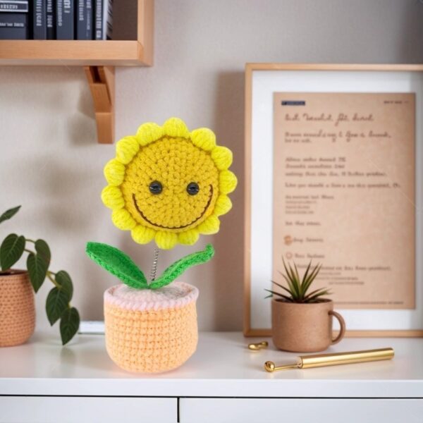 Sunflower shaking head knitted ornament, pink flowerpot knitted crochet, sunflower potted plant, sunflower is a handmade flower suitable for friends, students, family and loved ones, home office decoration, car decoration.