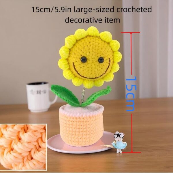 Sunflower shaking head knitted ornament, pink flowerpot knitted crochet, sunflower potted plant, sunflower is a handmade flower suitable for friends, students, family and loved ones, home office decoration, car decoration.