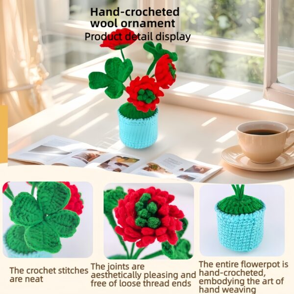 Beautiful and noble red hand-crocheted flowers, hand-crocheted flowerpots, knitted flower plants, Kawaii hand-crocheted flowers, small potted artificial flower plants, desktop home car dashboard decoration