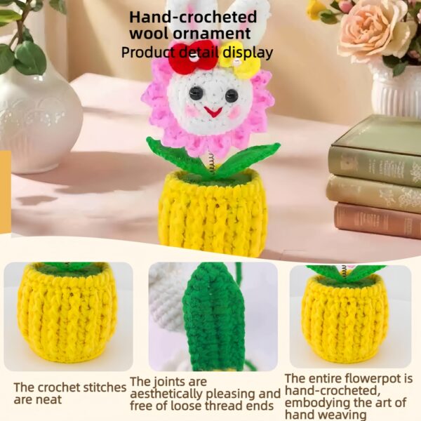 Beautiful little white rabbit hand-crocheted desktop ornament, smiling little rabbit home decoration, small potted artificial flower plant, desktop home car dashboard decoration