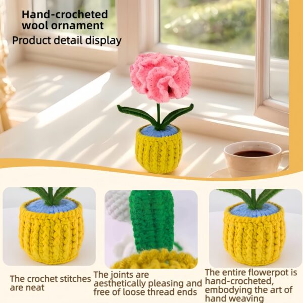 Pink Carnation Unique crochet flower plants Potted Creative Office Desktop Knitted Handmade Wool Yarn Finished Products Car Room Decoration