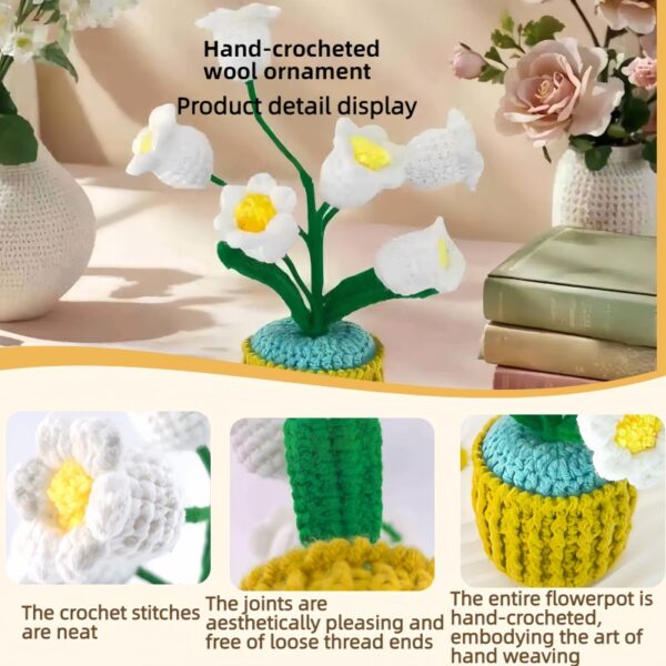 6 White Lily of the Valley Flowers Wool Handmade Desktop Ornaments, Cute Hand-crocheted White Lily of the Valley Flower Pot (Emotional Support Plant), Gift for Family/Friends/Teachers