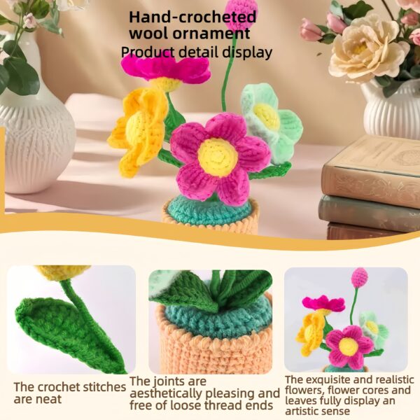 Crochet flowers, small potted knitted flowers suitable for car instrument panels, cute car crochet center console decoration, handcrafted traditional home decoration (pink and red)