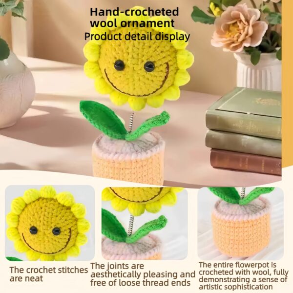 Sunflower shaking head knitted ornament, pink flowerpot knitted crochet, sunflower potted plant, sunflower is a handmade flower suitable for friends, students, family and loved ones, home office decoration, car decoration.