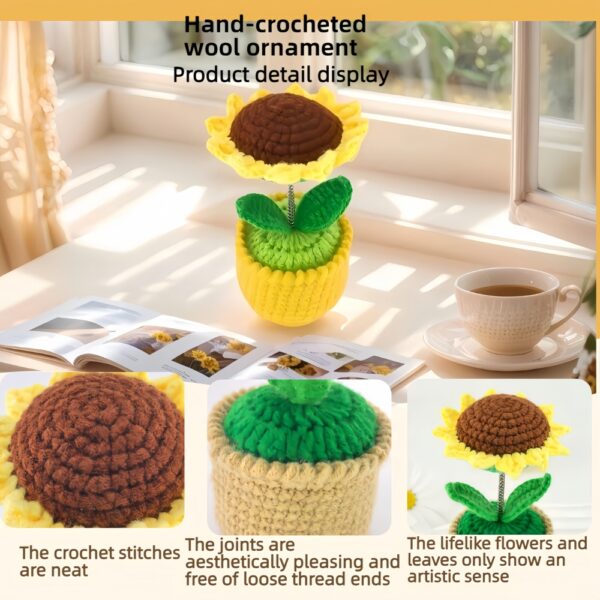 Crochet flower artificial sunflowers are suitable for office desk and car dashboard decoration, inspiring gifts, women's hand-knitted flowers, birthday and Christmas parties, home decoration (yellow decorative sunflowers)