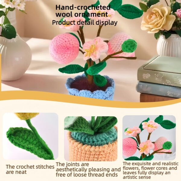 Crocheted peach bouquet strap, 7-inch (about 17.8 cm), knitted artificial pink hand-woven flower strap, exquisite flowerpot, suitable for women's birthday gifts, home office decoration (pink)