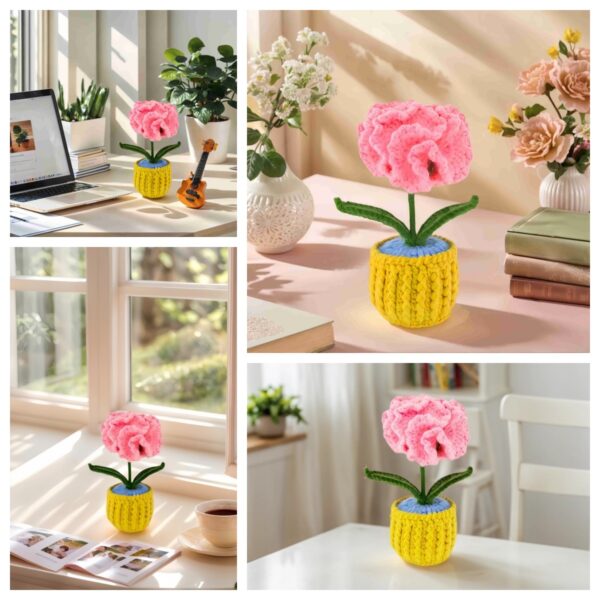 Pink Carnation Unique crochet flower plants Potted Creative Office Desktop Knitted Handmade Wool Yarn Finished Products Car Room Decoration