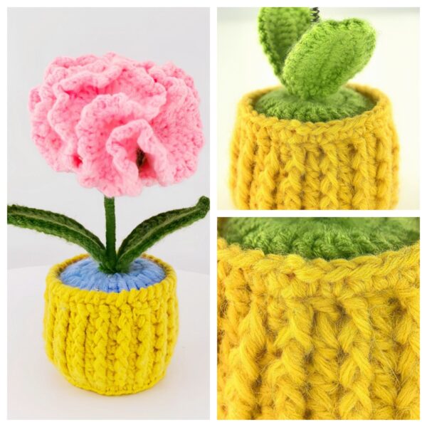 Pink Carnation Unique crochet flower plants Potted Creative Office Desktop Knitted Handmade Wool Yarn Finished Products Car Room Decoration
