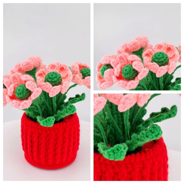 Hot sale 6 pink handmade wool crochet flower pots desktop ornaments fashionable home decorations crochet flower pots, handmade crochet flower plants, high-end desktop decorations, noble crochet flower pots, crochet gifts for plant lovers